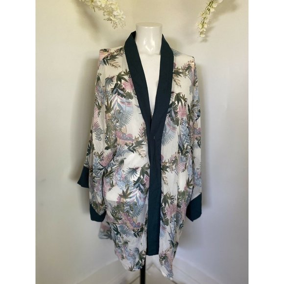 Xhilaration Beach Open Cover Up Kimono Top Women's M/L Floral Tropical Aloha EUC - Picture 1 of 12